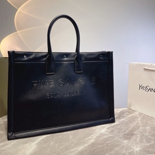 Rive Gauche Logo-Embossed Glossed-Leather Tote Bag