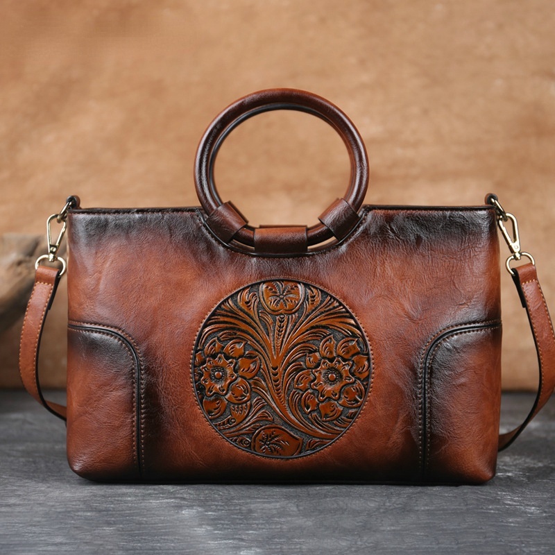 New Retro Handmade Embossed Shoulder Bag for Women High Quality Leather Women Handbag Large Capacity Female Messenger Purse Bags