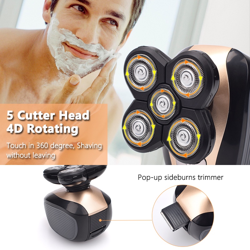 5 In 1 4D Men's Rechargeable Bald Head Electric Shaver 5 Floating Heads ...