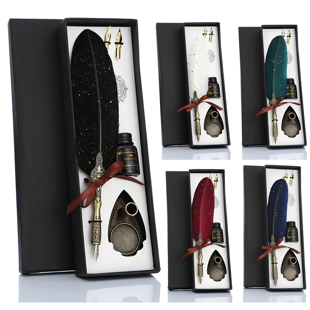 Calligraphy Feather Dip Pen with 2 Nib Set Quill Fountain Writing Pen ...
