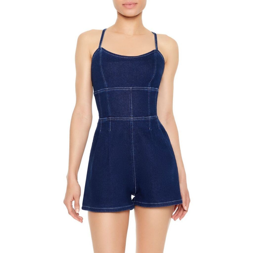 Forever 21 Women s Lace Up Cami Denim Romper Shopee Singapore