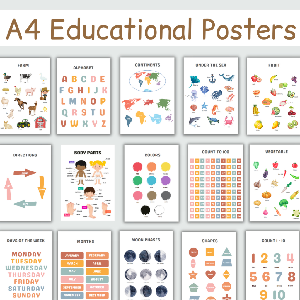 A4 Laminated Educational Posters, Learning Chart Set For Kids and ...