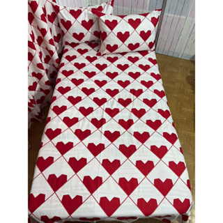 Fitted Bed Sheet with Pillowcase Red Heart Printed White Color Drap  180x200cm