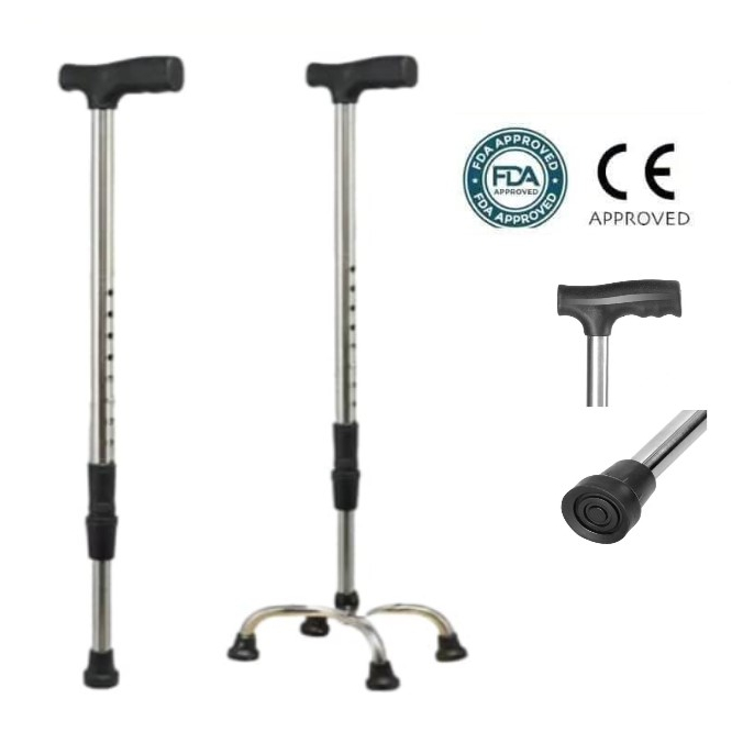 Elderly Stainless Steel Heavy Duty Adjustable Quad Cane Adult Walking