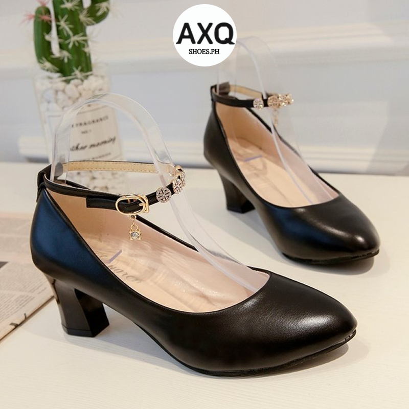 AXQ Black beige leather shoes for women Korean style school shoes mid ...
