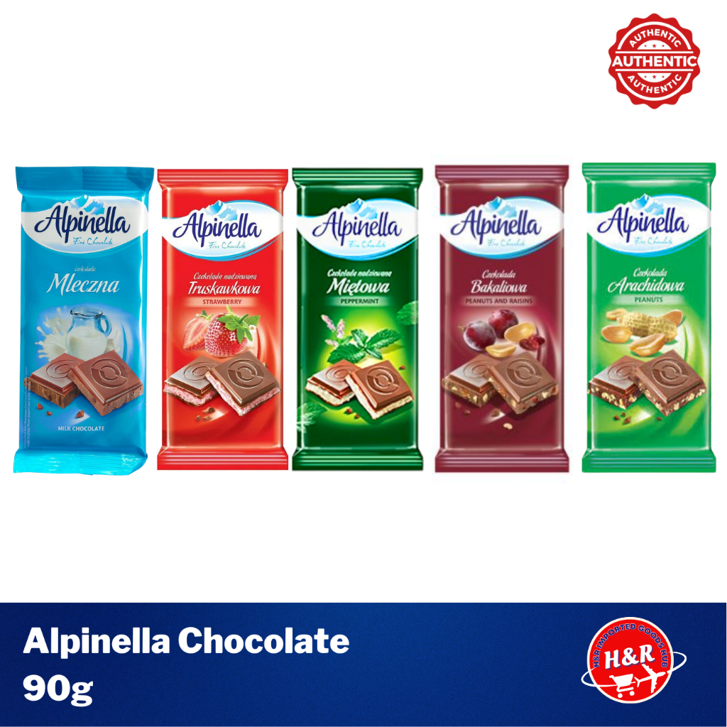 Alpinella MIlk Chocolate Plain/ with Peppermint/ Raisins and Peanuts/  Strawberry 90g