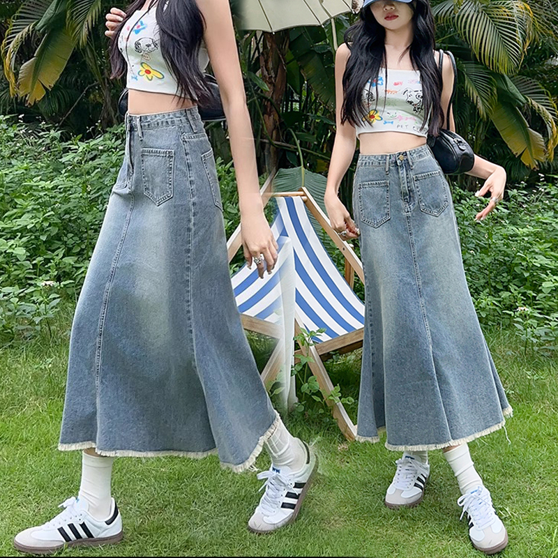 S 5XL Long skirt with slit A line 7 colors Denim MIDI Skirt Korean jeans mango Skirt plus size blue Shopee Singapore