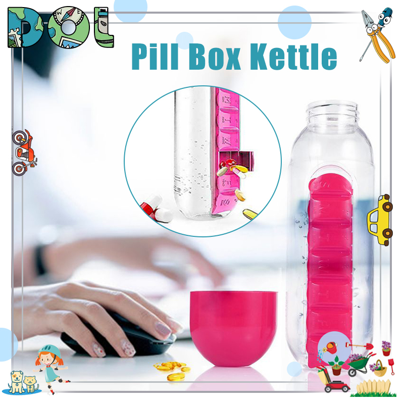 600Ml 7 Days Drug Organizer Water Bottle with Pillbox Plastic