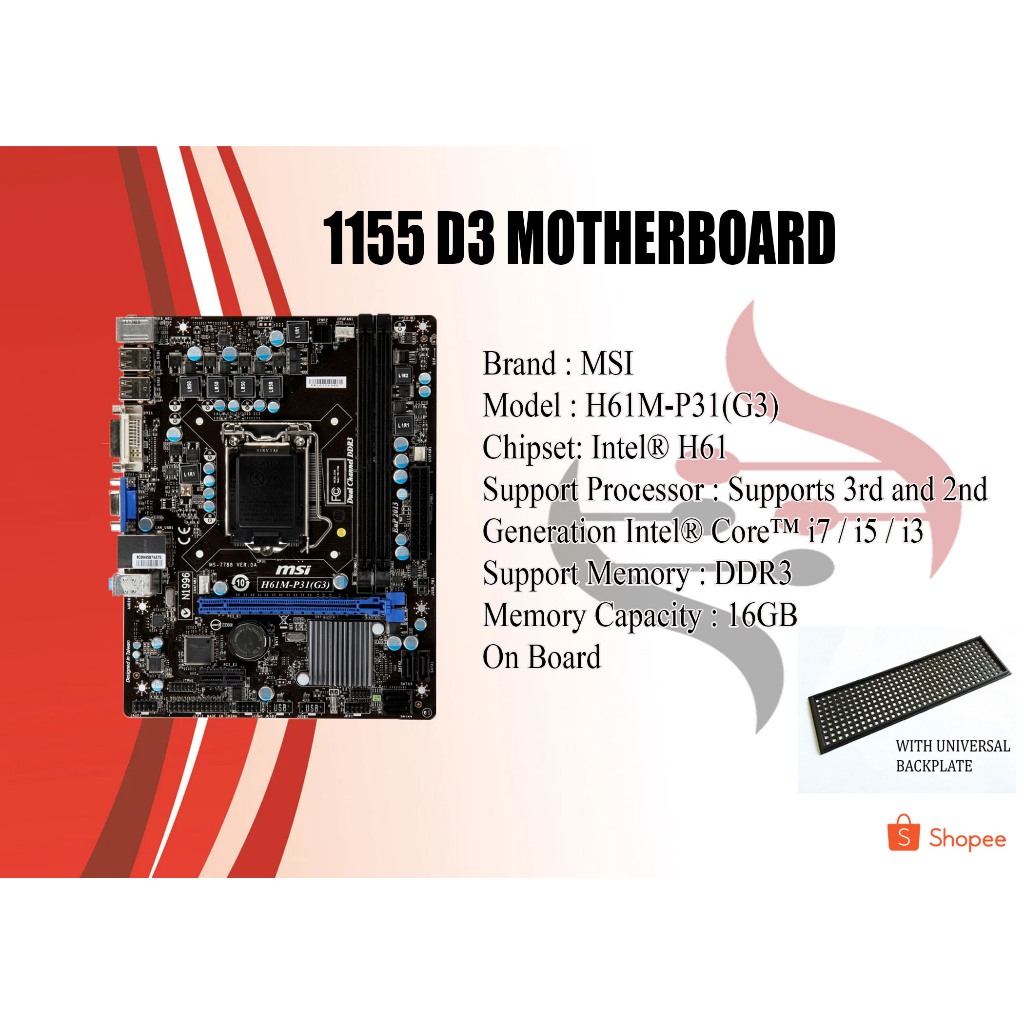 Socket 1155 D3 Motherboard H61 MSI with Universal Backplate | Shopee ...