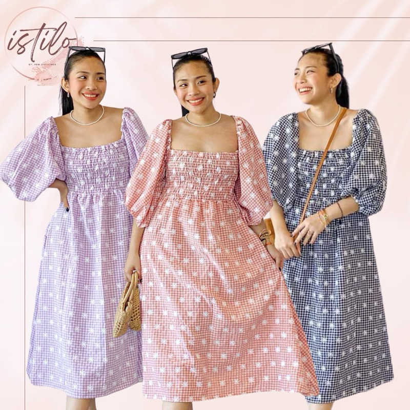DENISE GINGHAM EYELET FLORAL CASUAL DRESS by Istilo Taytay | Shopee ...