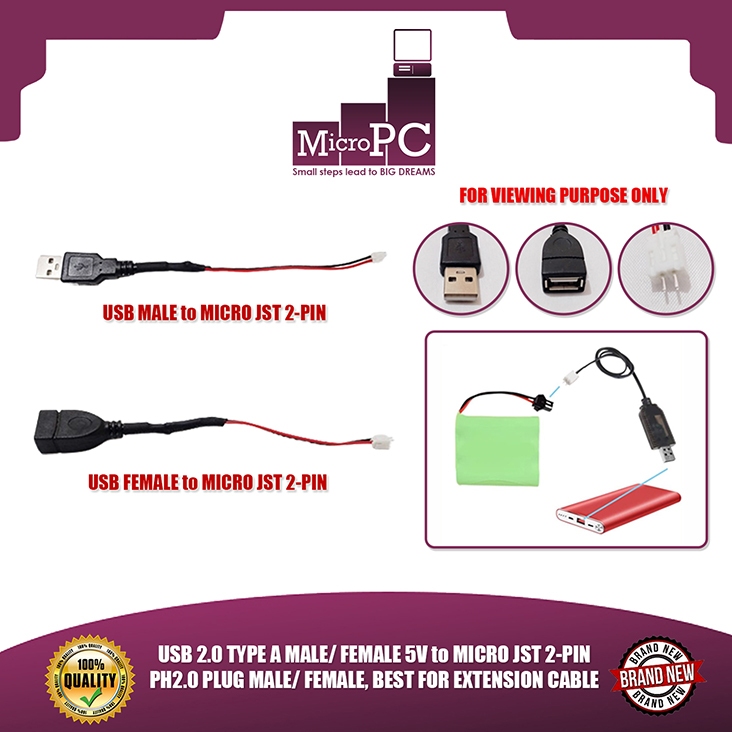 MICRO PC USB 2.0 TYPE A MALE/ FEMALE 5V to MICRO JST 2-PIN PH2.0 PLUG ...