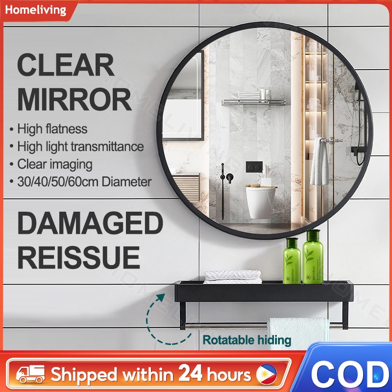 Bathroom Round Mirror Clear Mirror With Shelf Matte Black Metal Frame ...