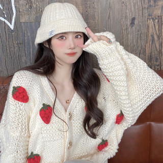 Women's Strawberry Print Crew Neck Crochet Knit Tops, Cute Fall Winter  Pullover Sweaters, Women's Clothing