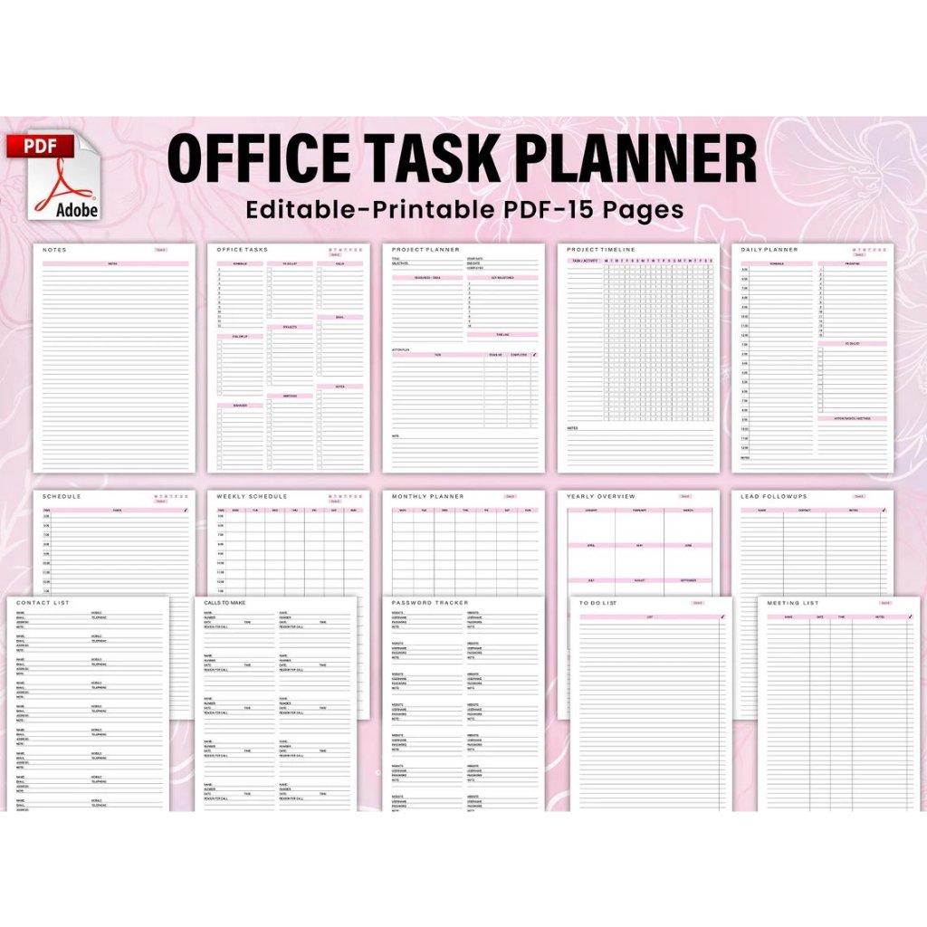 Digital Planner, Editable Office Task Planner Set, Printable Work ...