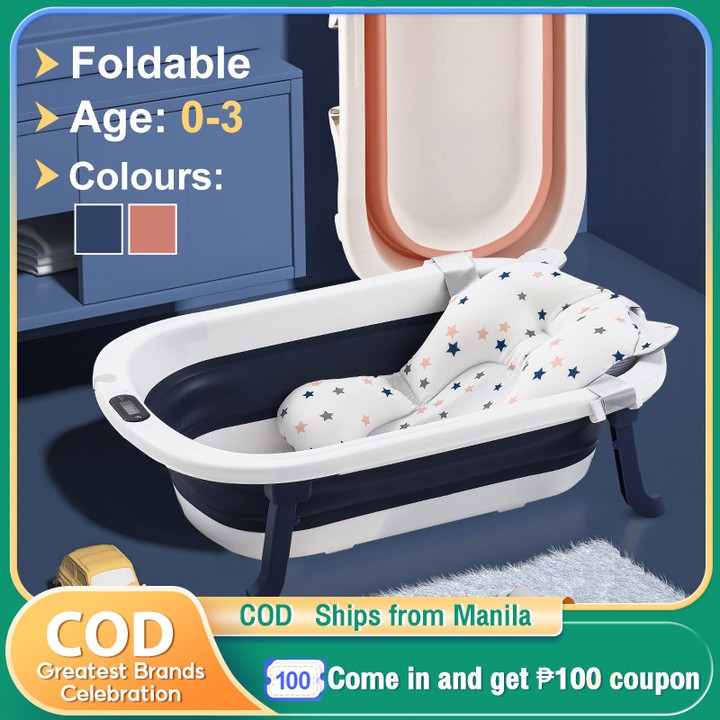 ???Free Mat???Baby Bath Tub with Thermometer Foldable Bath Tub for Kids Adjustable Non-Slip Bathtub ...