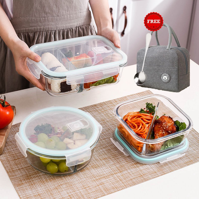 3PCS-Lunch Box Microwaveable with Cover and Divider Leak Proof Glass ...