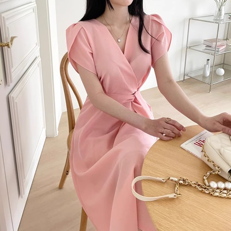 summer formal puff sleeve dusty pink long birthday dress for wedding woman  casual elegant plus size | Shopee Singapore