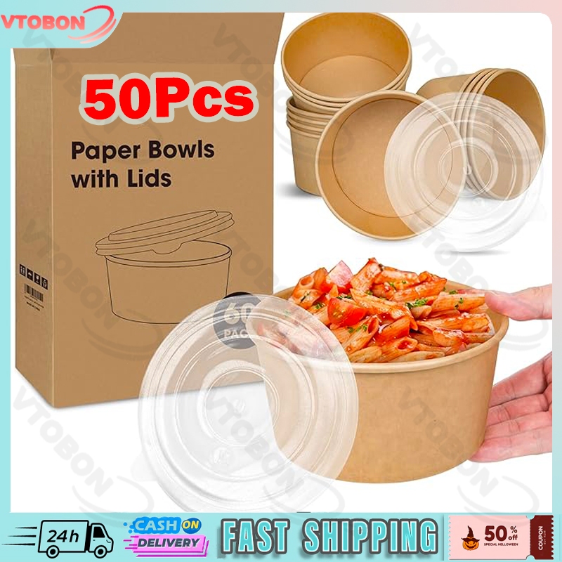 50pcs Leak Proof Kraft Paper Bowl with Lid Disposable 500/750cc Kraft ...