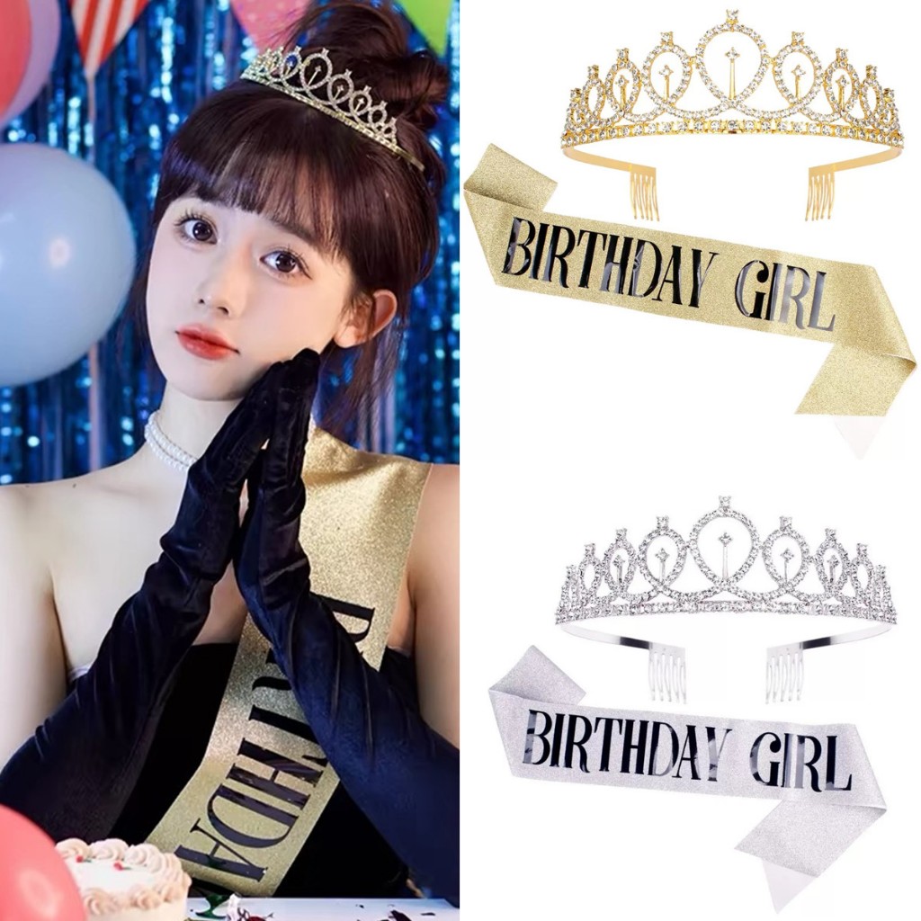 Birthday Sash Crown Set Ribbons Shoulder Girl Princess Queen With Tiara ...
