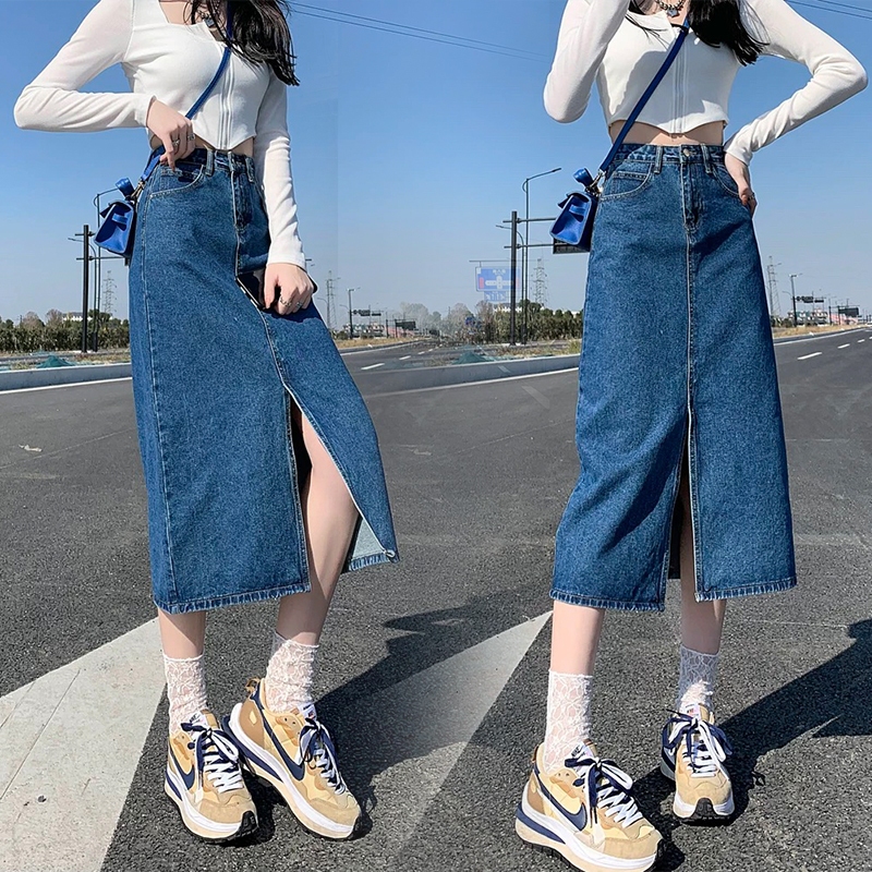 Plus size denim skirt for women cargo long jeans denim high waist slit skirt retro bule maxi skirt Shopee Singapore