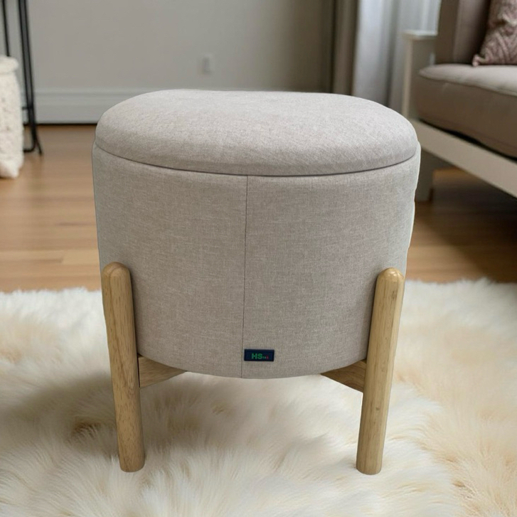 HStex Linen Round Storage Stool Chair With Wooden Legs Multi-functional ...