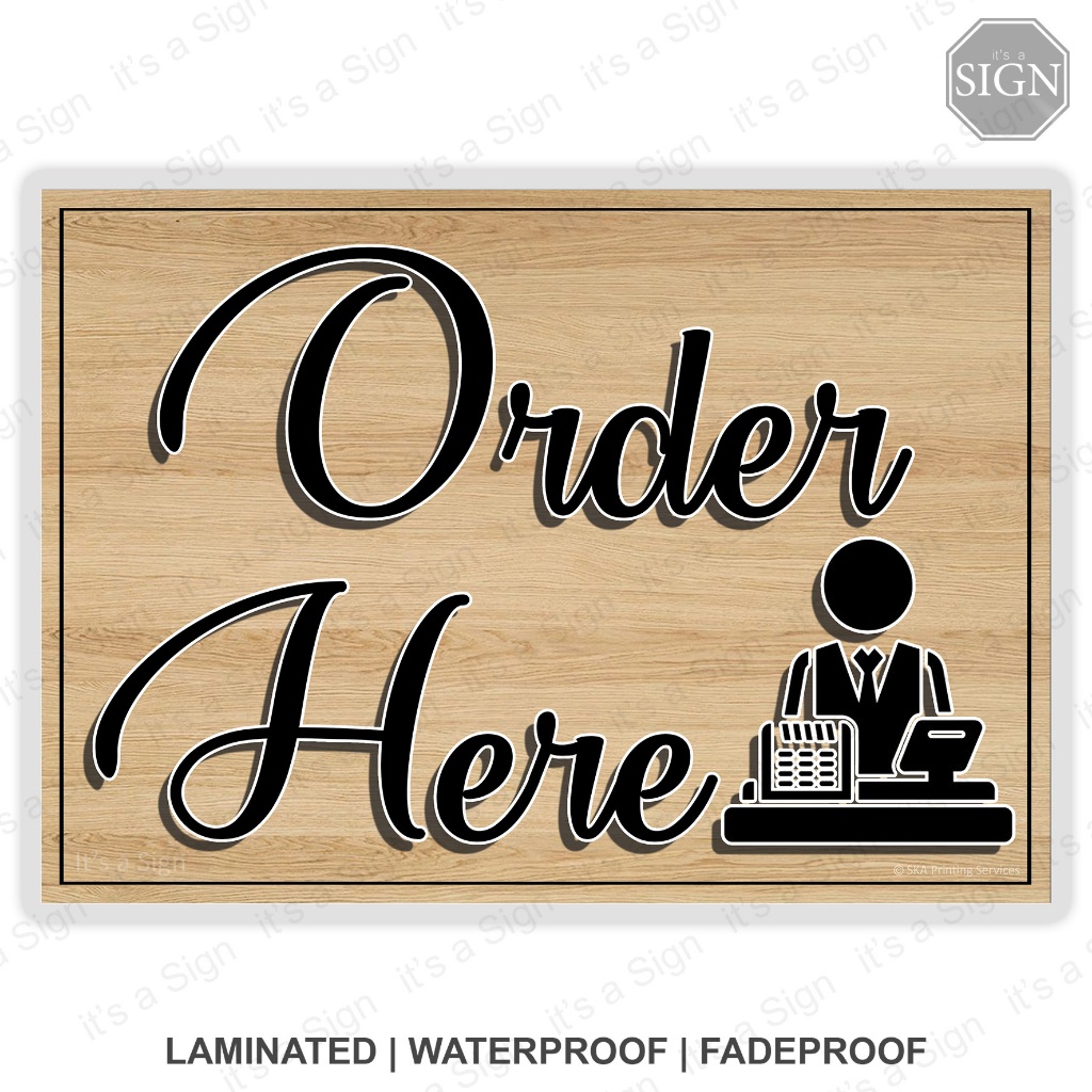 Order Here Store Sign Wood Photo Background - Laminated Signage Label ...
