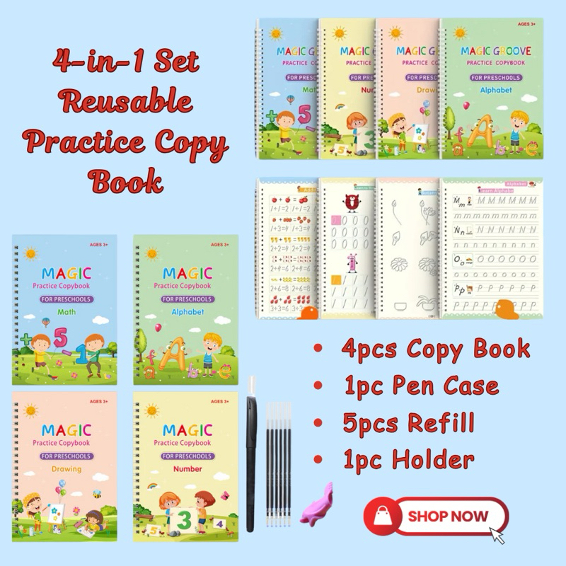 4in1 Set Magic Practice Copybook for Kids Reusable Tracing Math ...