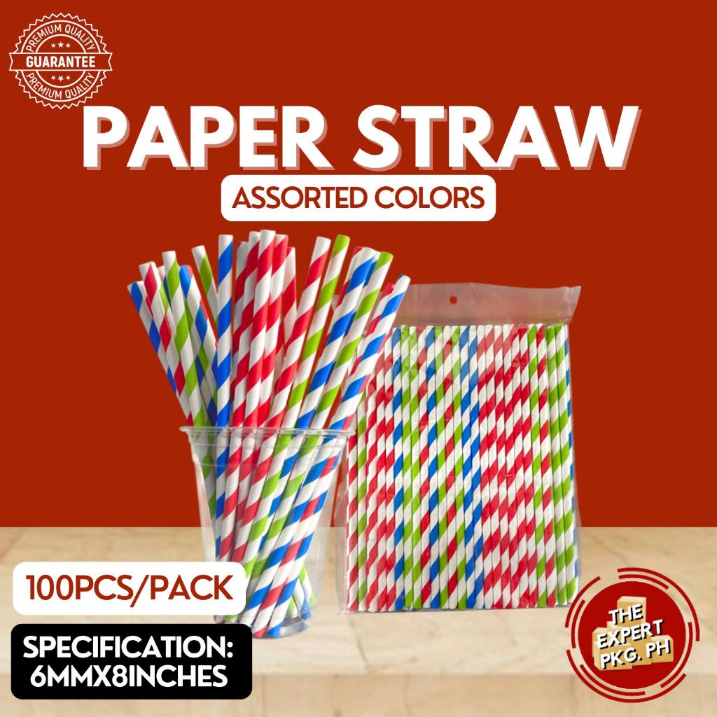 (100pcs) Paper Straw Assorted Colors [6mmx8inches] Drinking Straw No ...