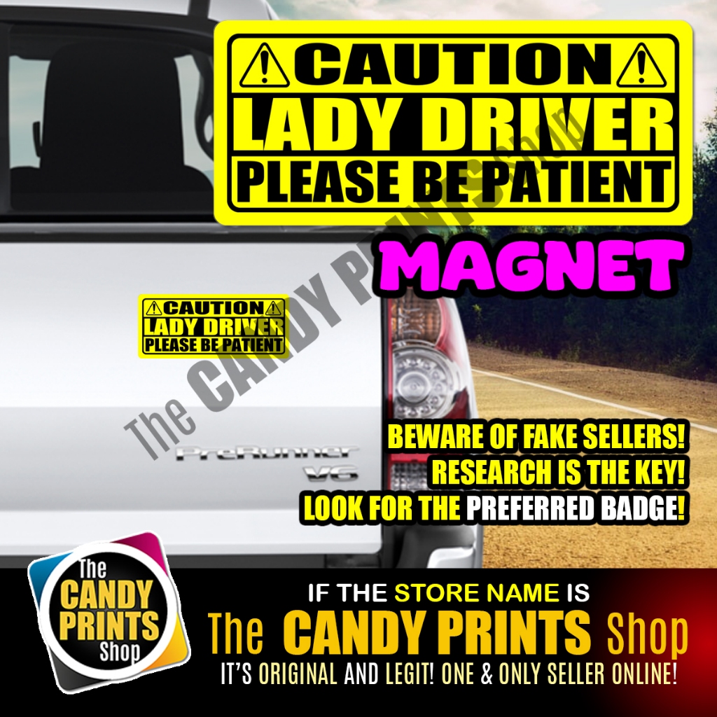 7 x 3 inches - Magnetic and Vinyl Car Sticker (CAUTION - LADY DRIVER ...