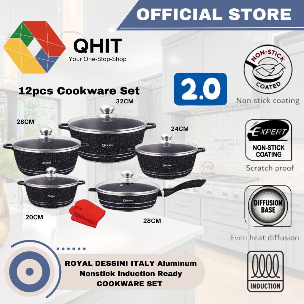 ROYAL DESSINI ITALY by QHIT Version 2 12PCS Aluminum Nonstick Cookware ...