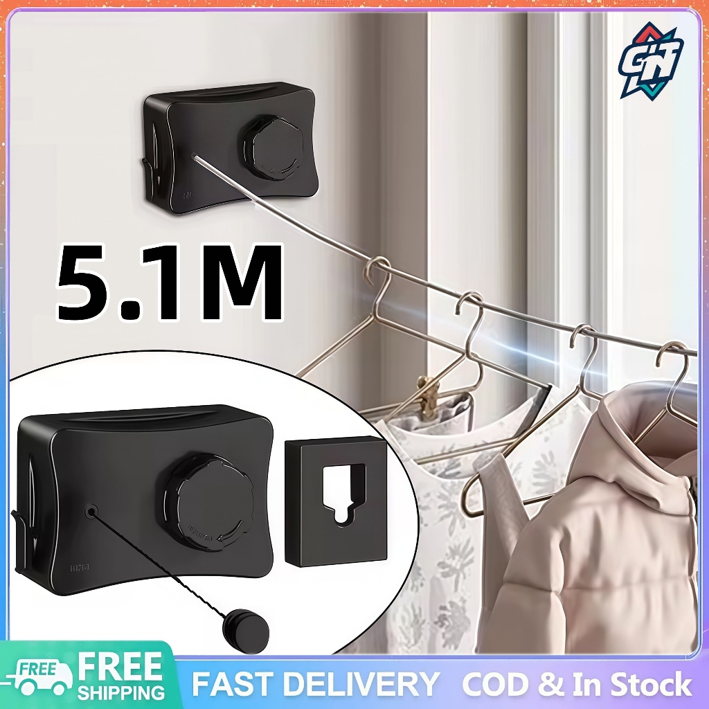 5.1M Wall Mounted Invisible Retractable Clothesline Adjustable Laundry ...