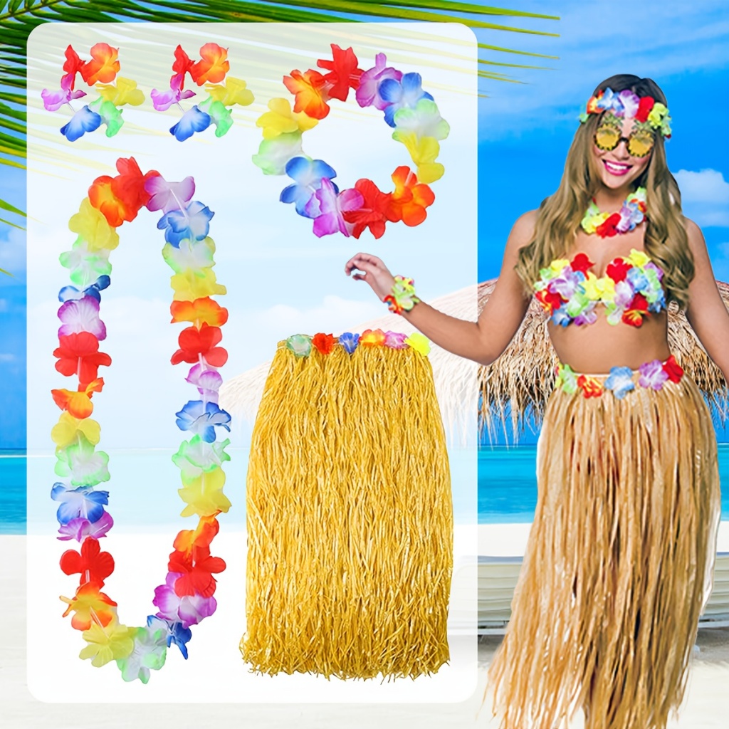 4 in 1] Hawaiian Grass Skirt with Garland for Neck Hand and Head Boracay  Hula Beach Theme Costume | Shopee Singapore