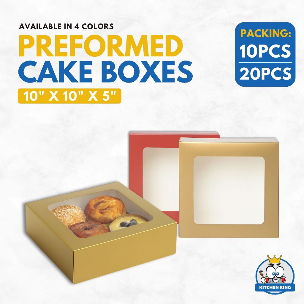 Preformed Cake Box 10x10x5 inches (White, Red, Gold, Kraft) With Window ...