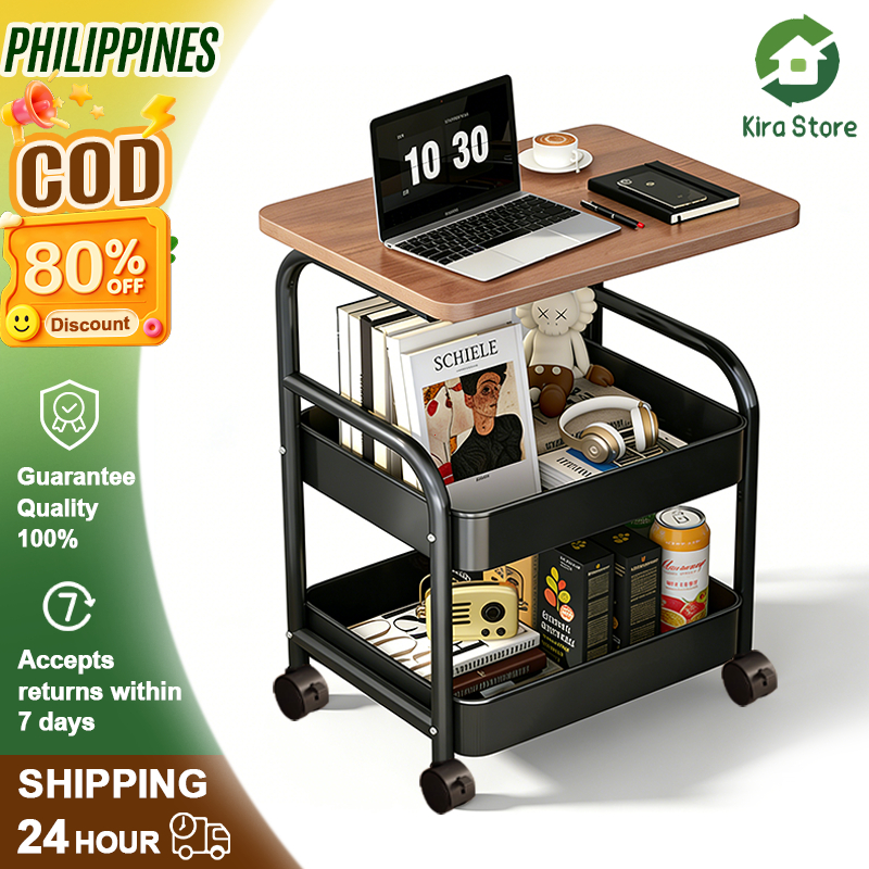 3-layer Mobile Wooden Trolley With Wheels and Wooden Desktop Storage ...