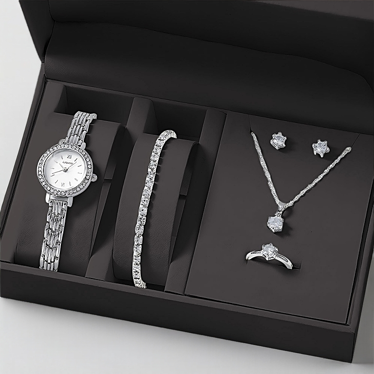5pcs Quartz Watch+Diamond Jewelry Set Fashion Ladies Small Watch Steel ...