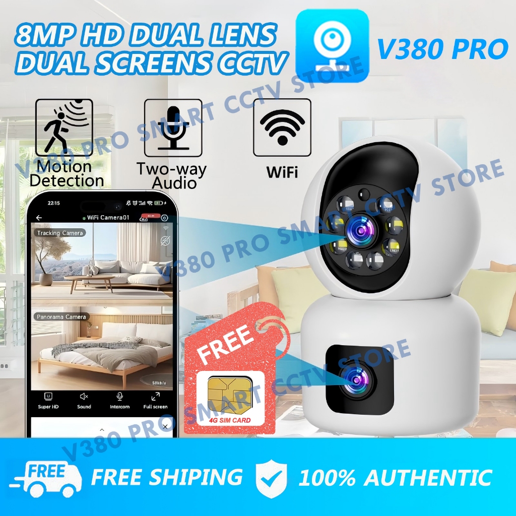 V380 4G SIM/Wifi Dual Lens 8MP CCTV No Wifi Needed Night Vision Two-way ...