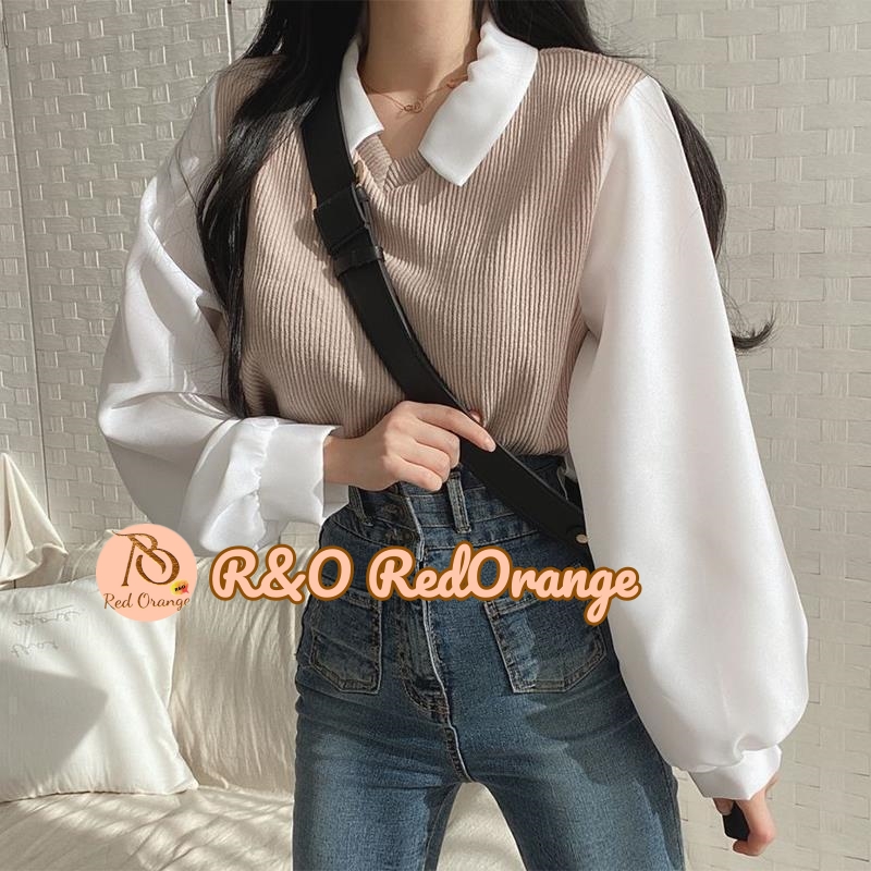 YAZI FASHION Long Sleeve Korean Style Vest polo shirt Collar Fake 2in1  Women's Loose Casual fashion top #6890