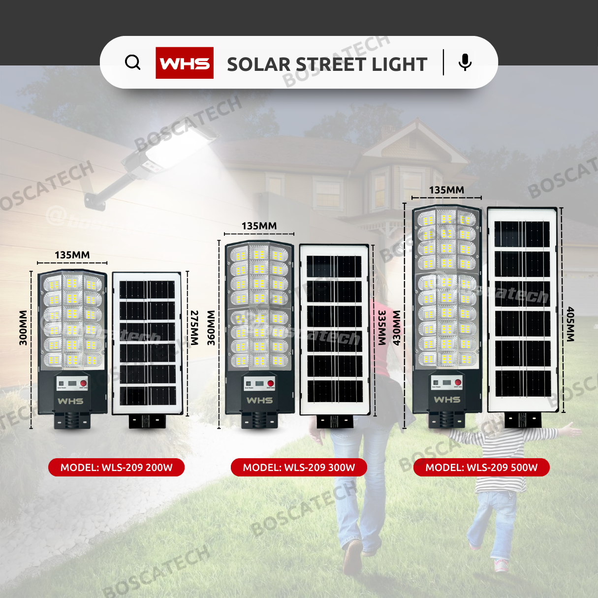 WHS 200W 300W 500W LED Solar Street Light IP65 Outdoor Waterproof Radar ...