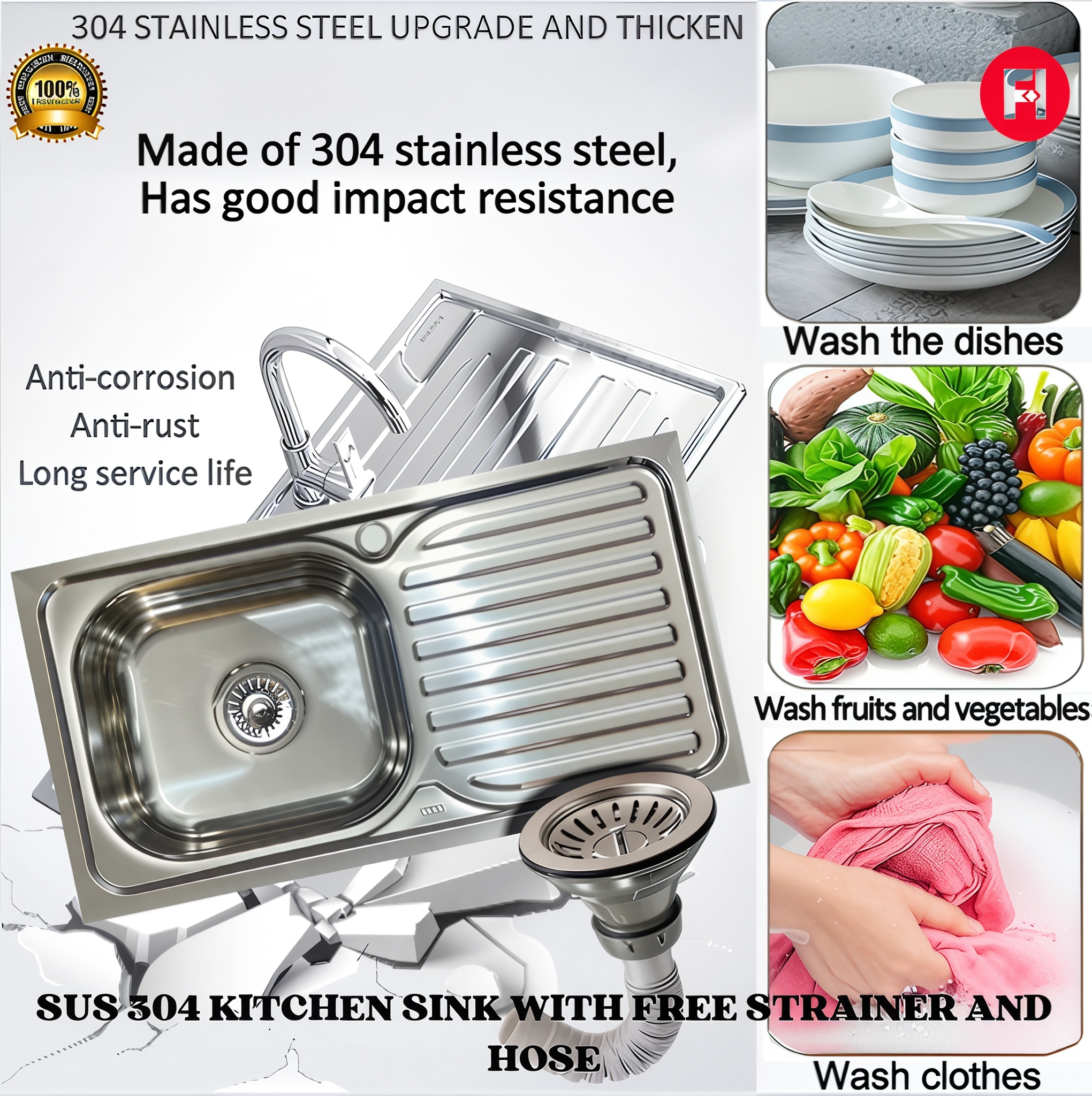 SUS 304 HEAVY DUTY STANLESS KITCHEN SINK / LABABO FREE STRAINER WITH ...