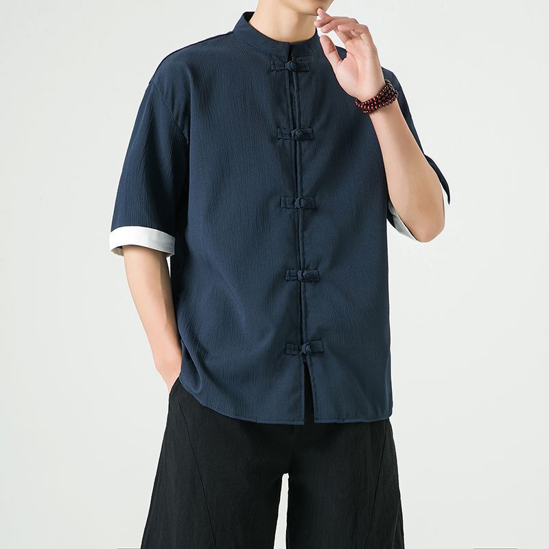 Chinese style men's linen button up short sleeved shirt, men's half