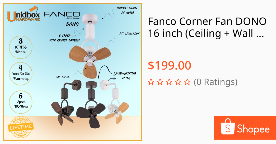 Fanco Corner Fan DONO 16 inch (Ceiling + Wall Mounting)/Fanco Corner Fan DONO Ceiling Fan or Wall Fan
