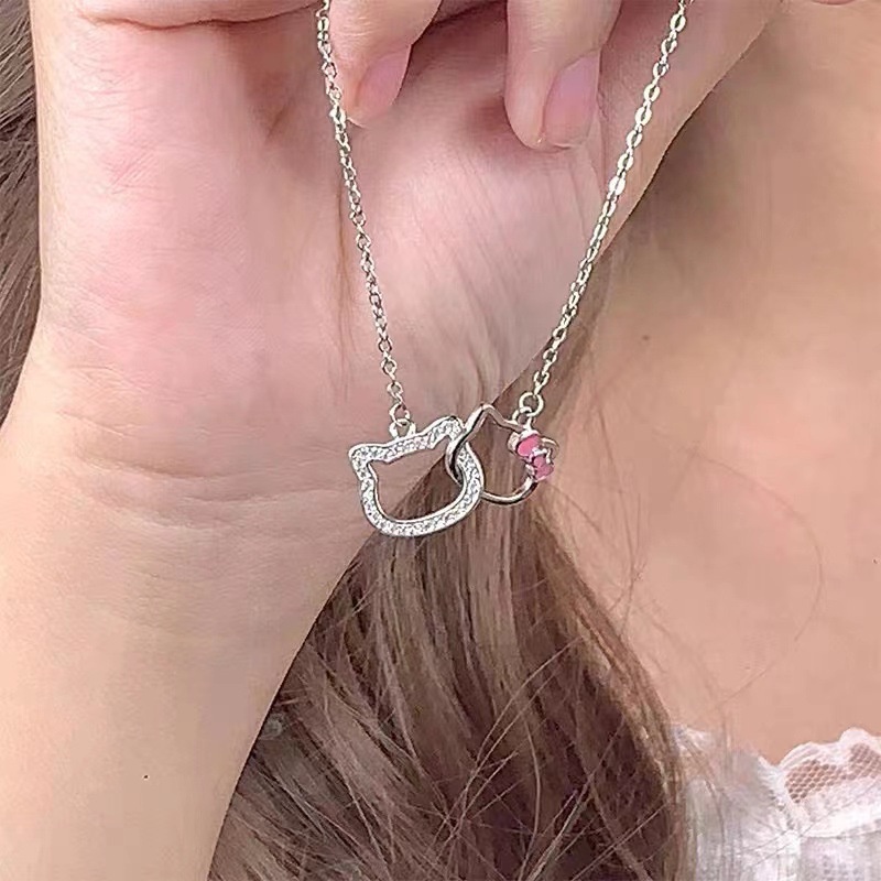 Sario Hello Kitty Pendant Necklace for Women Girls Cute Double Ring Clavicle Chain Chic Delicate Neckalces Jewelry