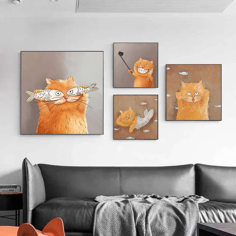 Nordic Modern Simple Funny Wall Art Canvas Painting Cartoon Cat with