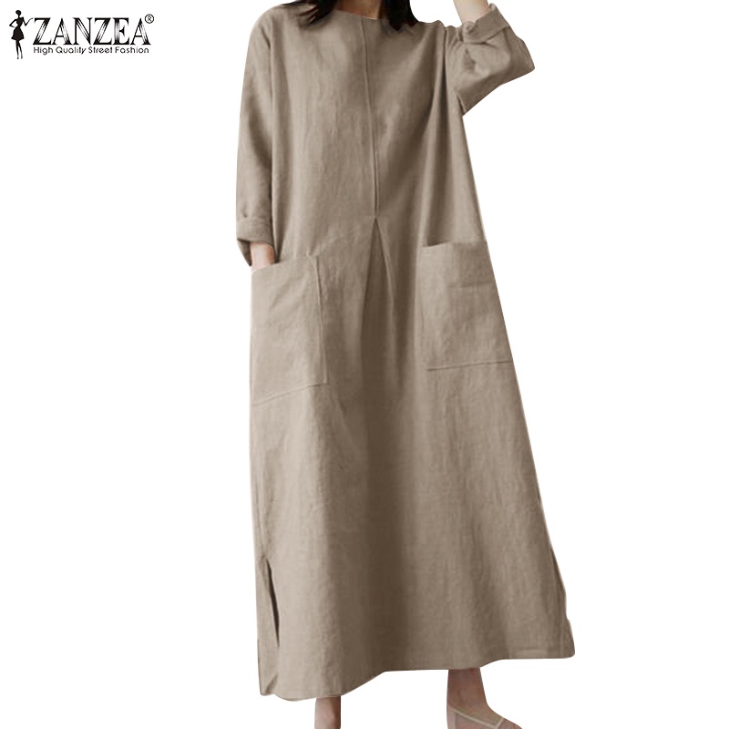 ZANZEA Women European Loose Daily Pocket 3/4 Sleeves Cotton Hem Slit ...