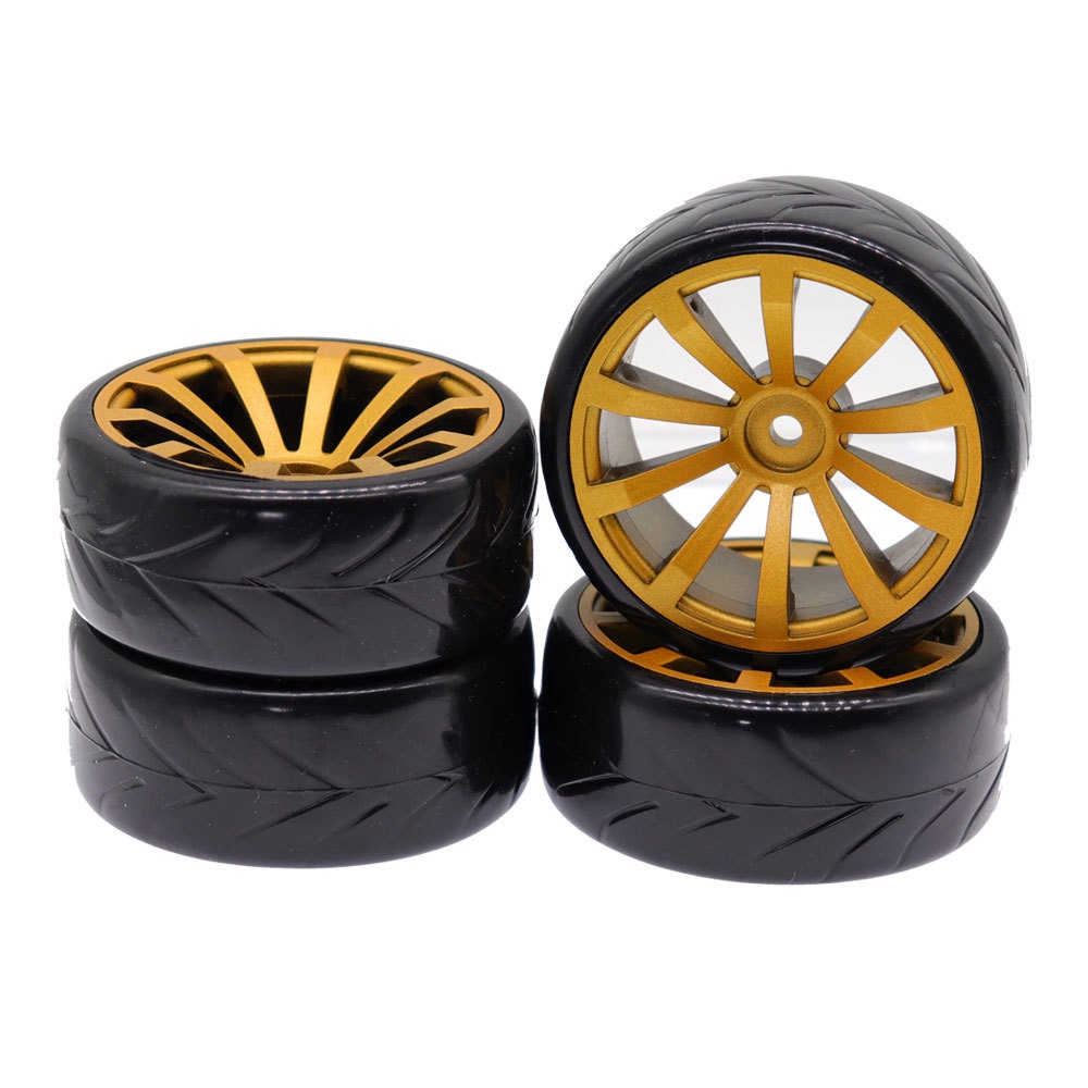 1:10 RC Rubber Flat Racing On Road Car Tires&Wheel Rim 4Pcs 12mm Hex