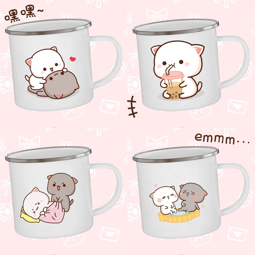 Peach and Goma Cat Enamel Coffee Tea Cup Cute Animal Breakfast Dessert