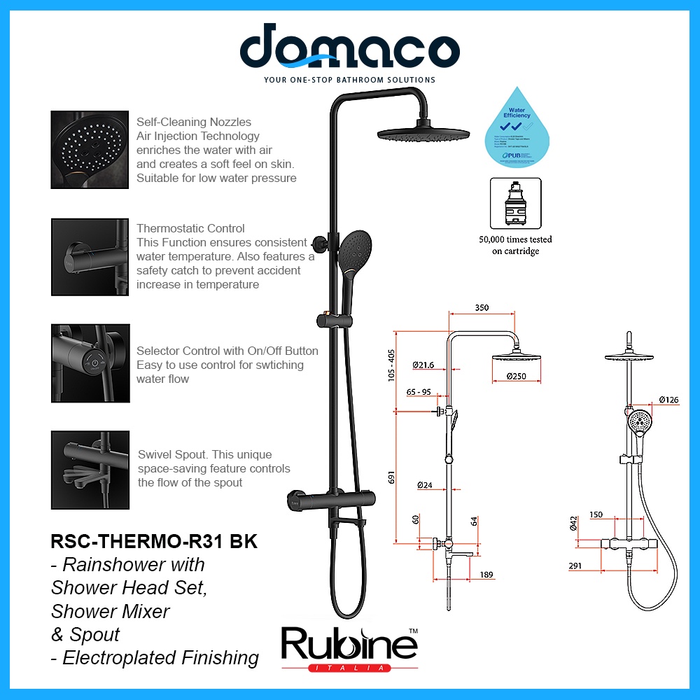 Rubine RSCTHERMOR31BK Rain Shower Set with Hand Shower and Shower