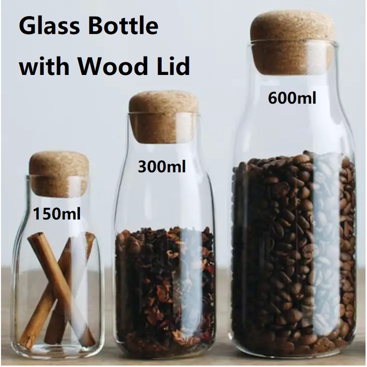 Japanese Style Simple Glass Food Storage Container Jars with flat wood