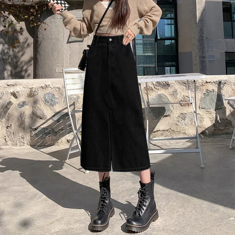 Mid length black denim sales skirt