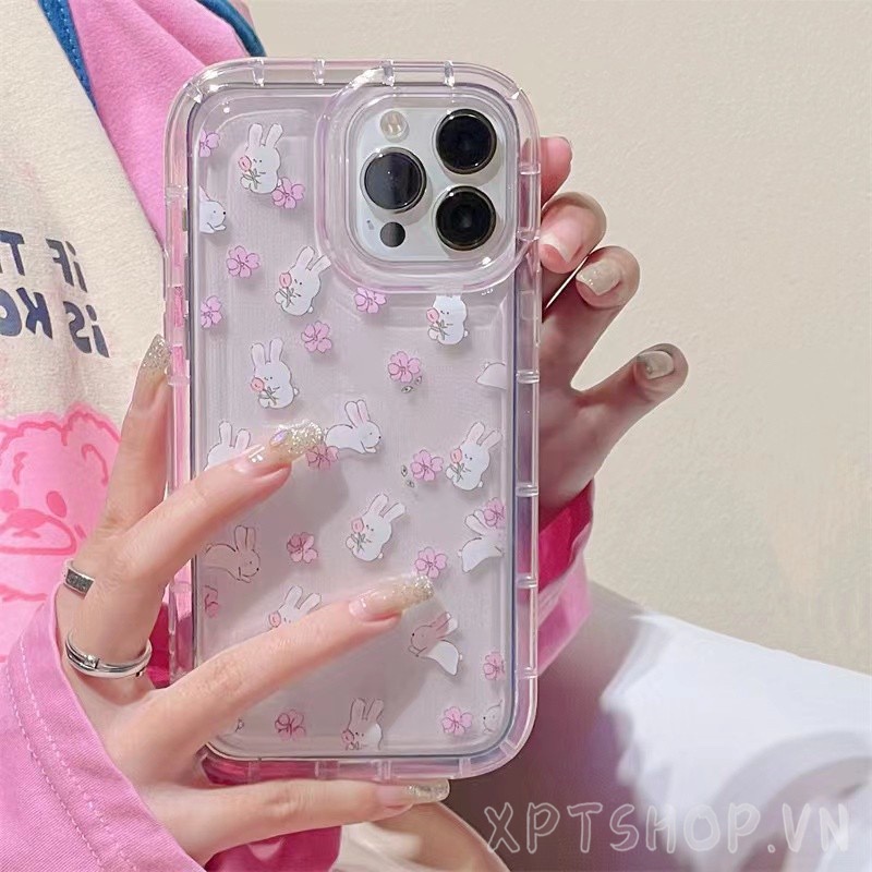 Purple flowers full screen rabbit Phone Case For iPhone 14 Pro Max 14 Plus 13 Pro Max 12 Pro Max 11 Pro Max Full Coverage Thick Transparent Airbag Shockproof Case